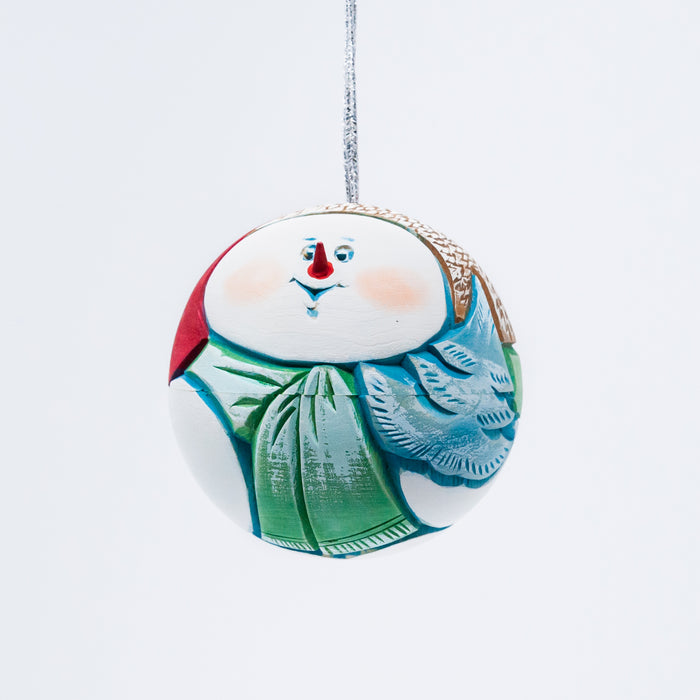 Hand-carved and Wood-burned Round Snowman Ornament