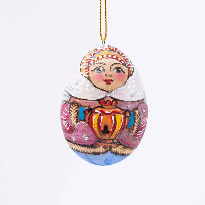 Egg-shaped Wood-burned  Russian Beauty Ornament