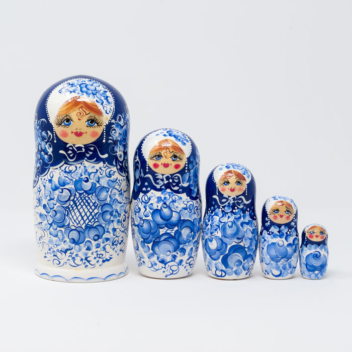 Blue & White Artisanal Floral Doll – Set of 5