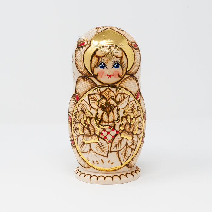 Wood-burned Ornamental Doll with Golden a Floral Design – Set of 5