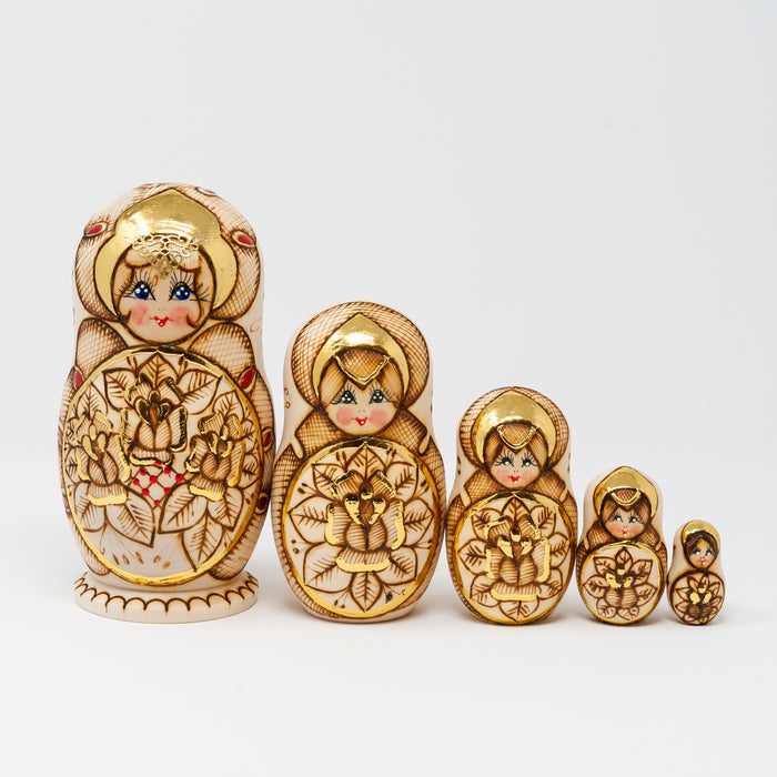 Wood-burned Ornamental Doll with Golden a Floral Design – Set of 5