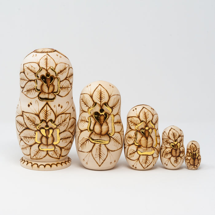 Wood-burned Ornamental Doll with Golden a Floral Design – Set of 5