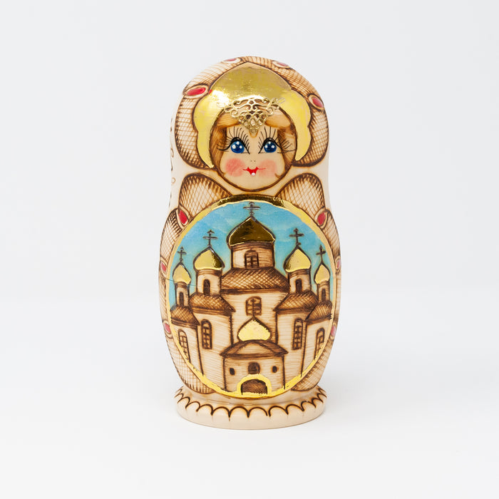 Wood-burned Doll with Church Images – Set of 5