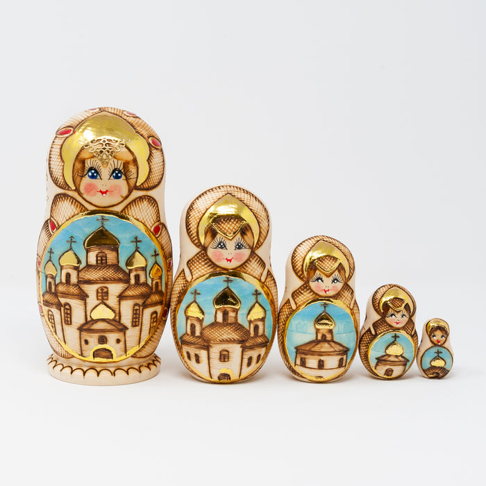 Wood-burned Doll with Church Images – Set of 5