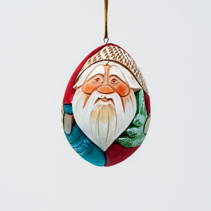 Hand-carved and Wood-burned Egg-shaped Grandfather Frost Ornament