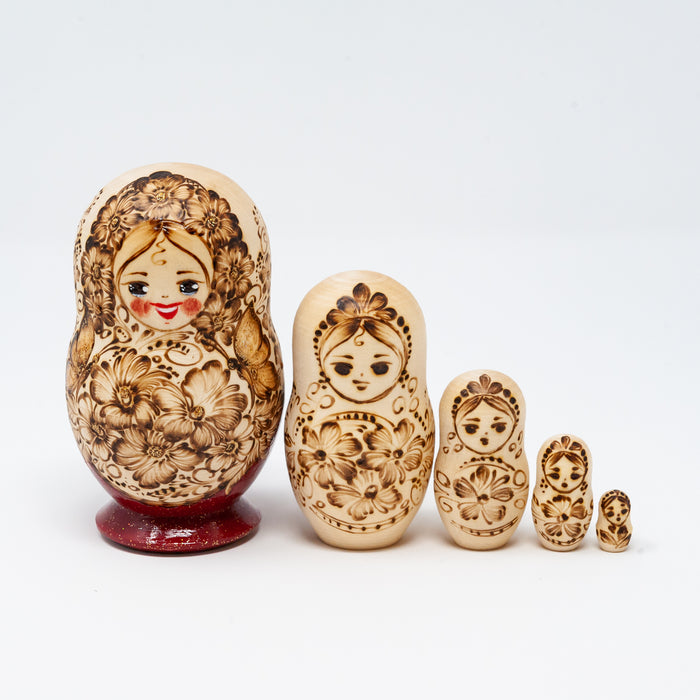 Wood-burned Ornamental Doll  with Floral Designs – Set of 5