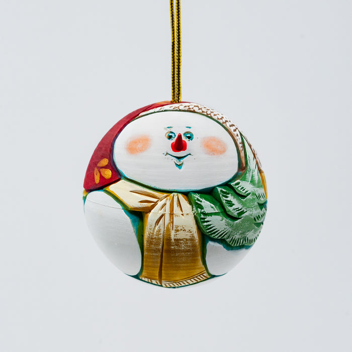 Hand-carved and Wood-burned Round Snowman Ornament