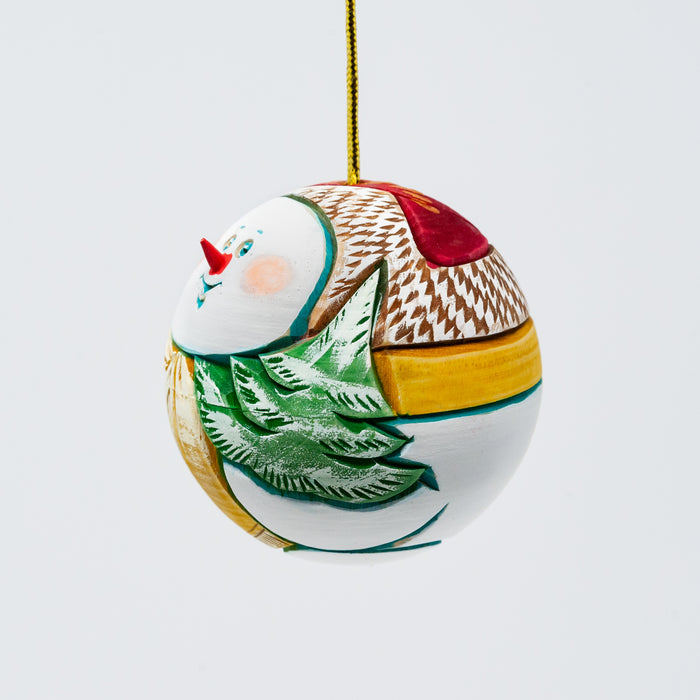 Hand-carved and Wood-burned Round Snowman Ornament