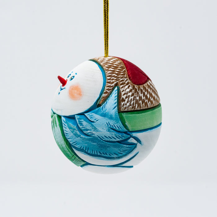 Hand-carved and Wood-burned Round Snowman Ornament