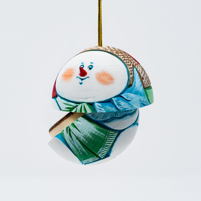 Hand-carved and Wood-burned Round Snowman Ornament