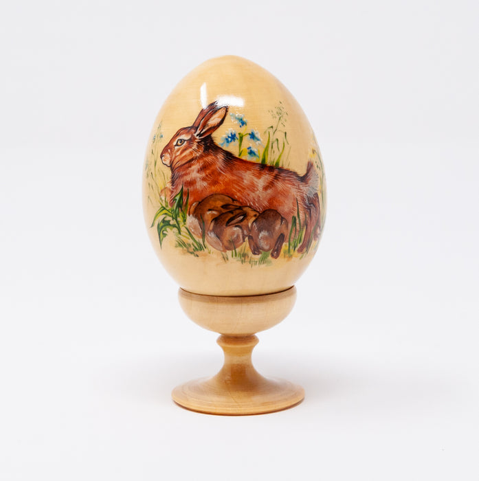Wooden Artisan Easter Egg with a Mother Rabbit