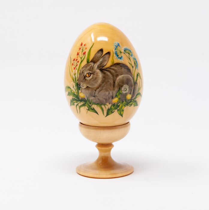 Wooden Artisan Easter Egg with a Grey Rabbit