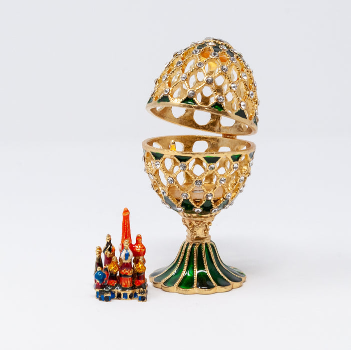 Green Netting Imperial Faberge Egg Replica with miniature Cathedral