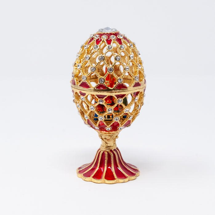 Red Netting Imperial Faberge Egg Replica with miniature Cathedral