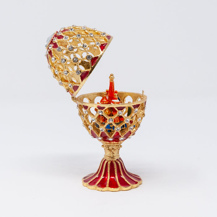Red Netting Imperial Faberge Egg Replica with miniature Cathedral