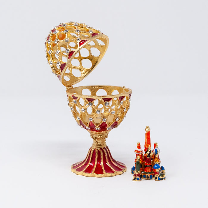 Red Netting Imperial Faberge Egg Replica with miniature Cathedral
