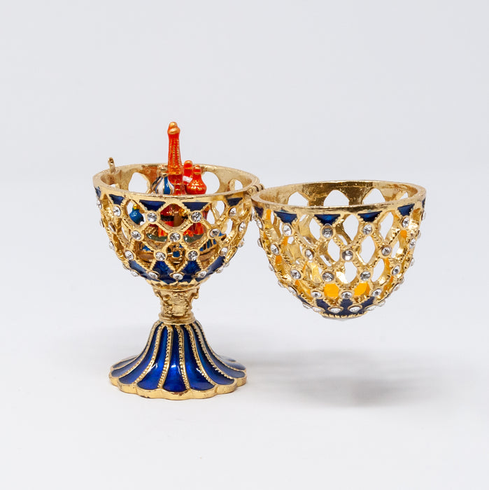 Blue Netting Imperial Faberge Egg Replica with miniature Cathedral