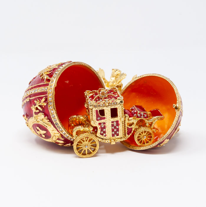 Medium Red Imperial Coronation Faberge Egg Replica with Carriage
