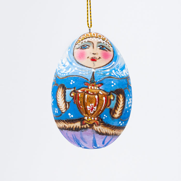 Egg-shaped Wood-burned  Russian Beauty Ornament