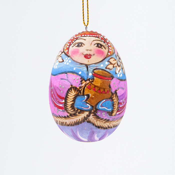 Egg-shaped Wood-burned  Russian Beauty Ornament