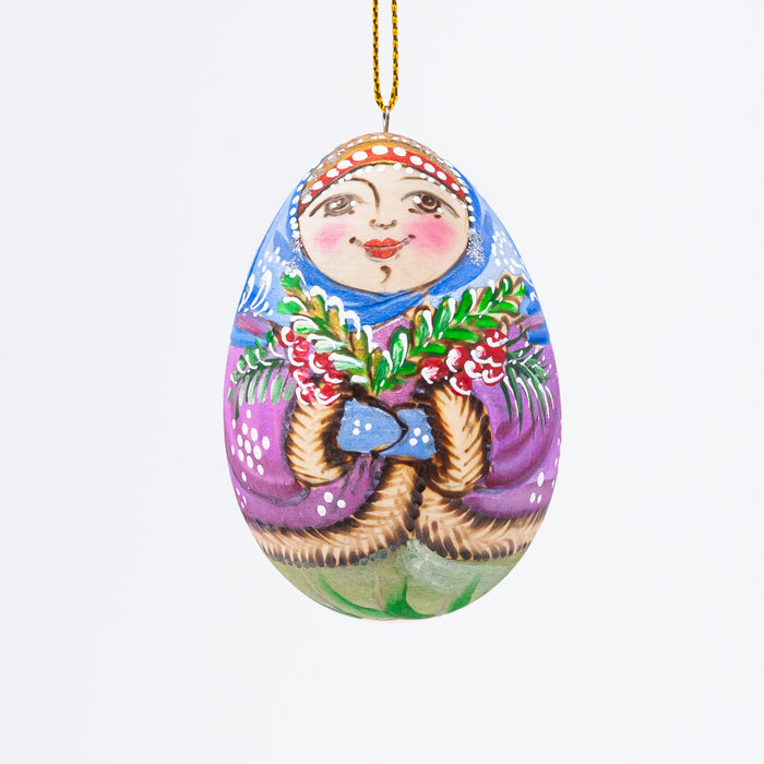 Egg-shaped Wood-burned  Russian Beauty Ornament
