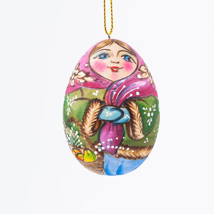 Egg-shaped Wood-burned  Russian Beauty Ornament