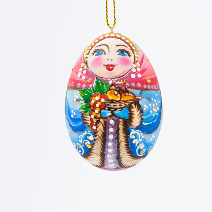Egg-shaped Wood-burned  Russian Beauty Ornament