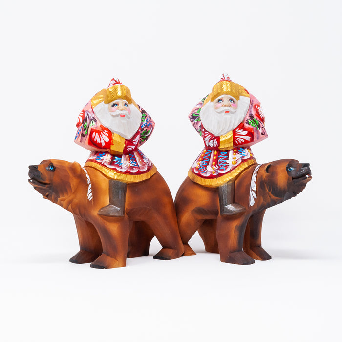 Hand-carved  Grandfather Frost Riding a Brown Bear