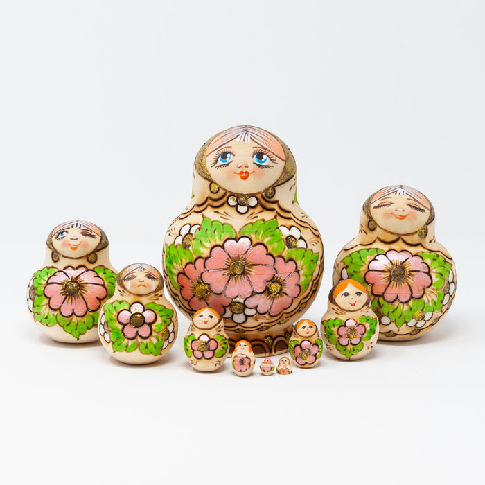 Wood-burned Floral Doll with Varied Expressions – Set of 10