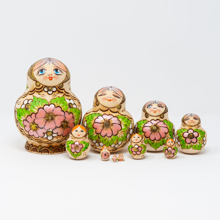 Wood-burned Floral Doll with Varied Expressions – Set of 10