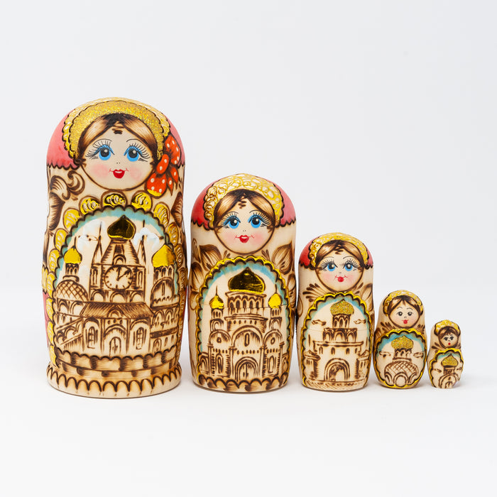 Wood-burned Doll with Church Images – Set of 5