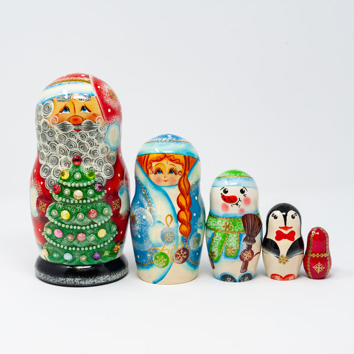 Grandfather Frost with Christmas Tree and Winter Characters