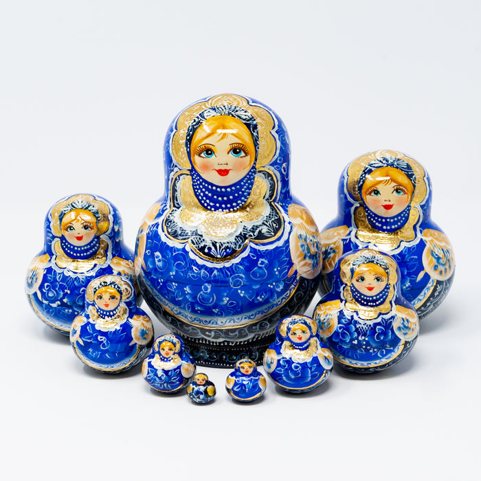 Blue & Gold Artisanal Floral Doll – Set of 10