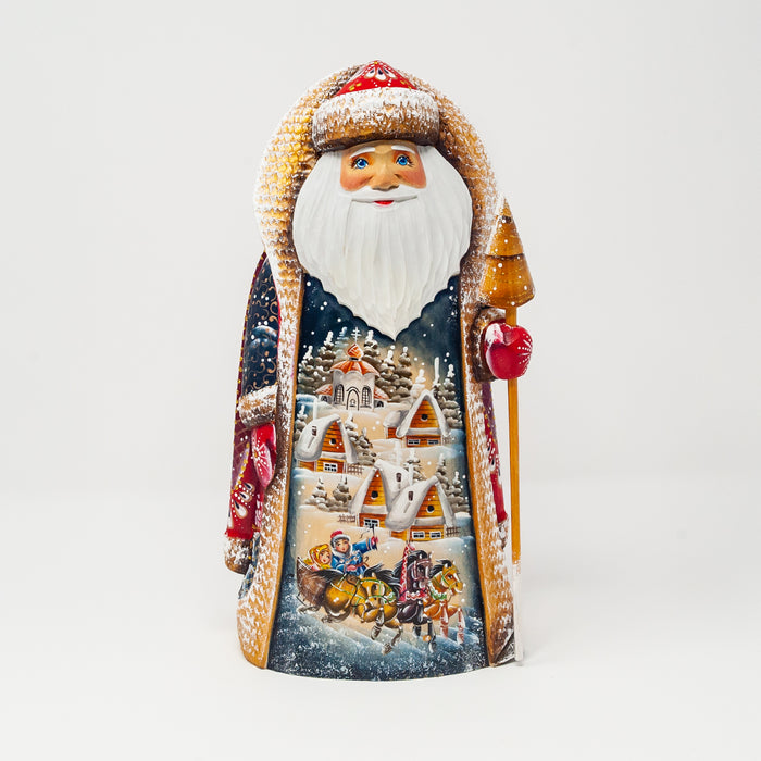 Hand-carved   Grandfather Frost with a Troika and Village Scene