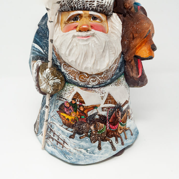 Hand-carved   Grandfather Frost with a Bear and a Village Scene
