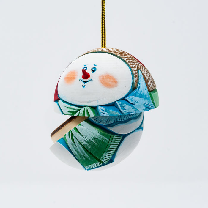 Hand-carved  and Wood-burned Round Snowman Ornament