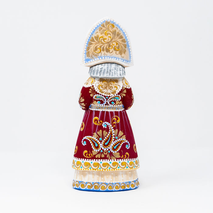 Hand-carved Snegurochka (Snow Maiden) in a Red Coat