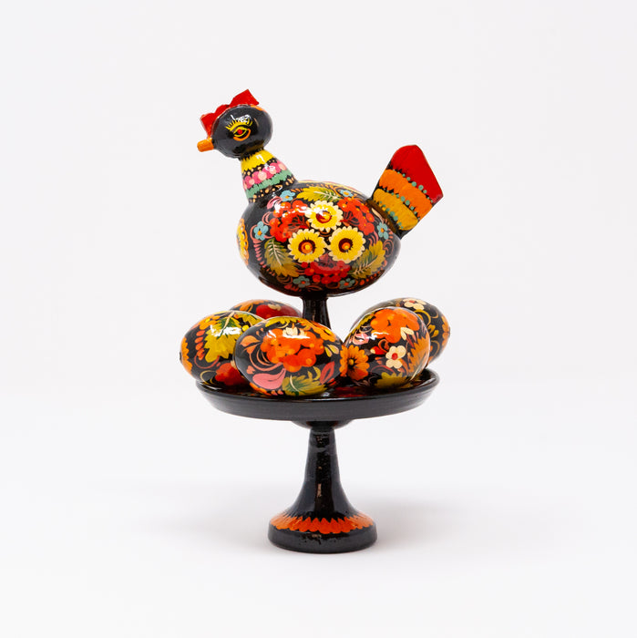 Wooden Hand-painted Ukrainian Easter Egg Set with a Rooster (7 pcs)