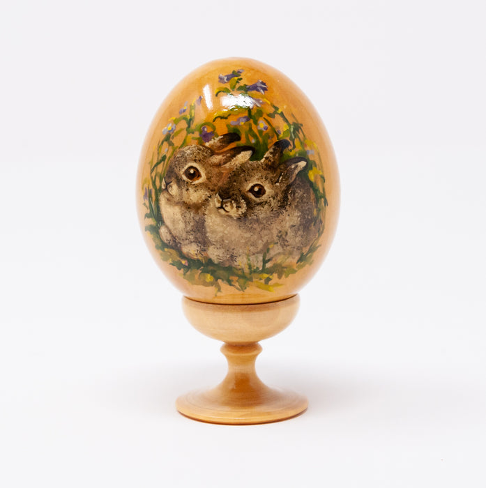 Wooden Artisan Easter Egg with Two Rabbits