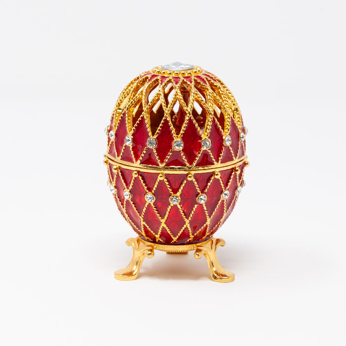 Red Netting Imperial Faberge Egg Replica with miniature Cathedral