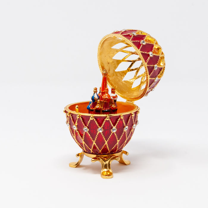 Red Netting Imperial Faberge Egg Replica with miniature Cathedral