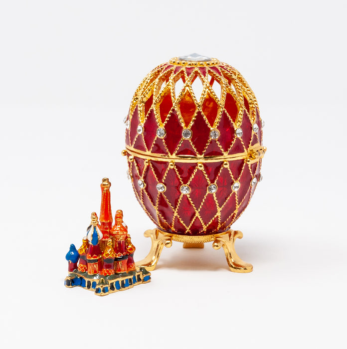 Red Netting Imperial Faberge Egg Replica with miniature Cathedral