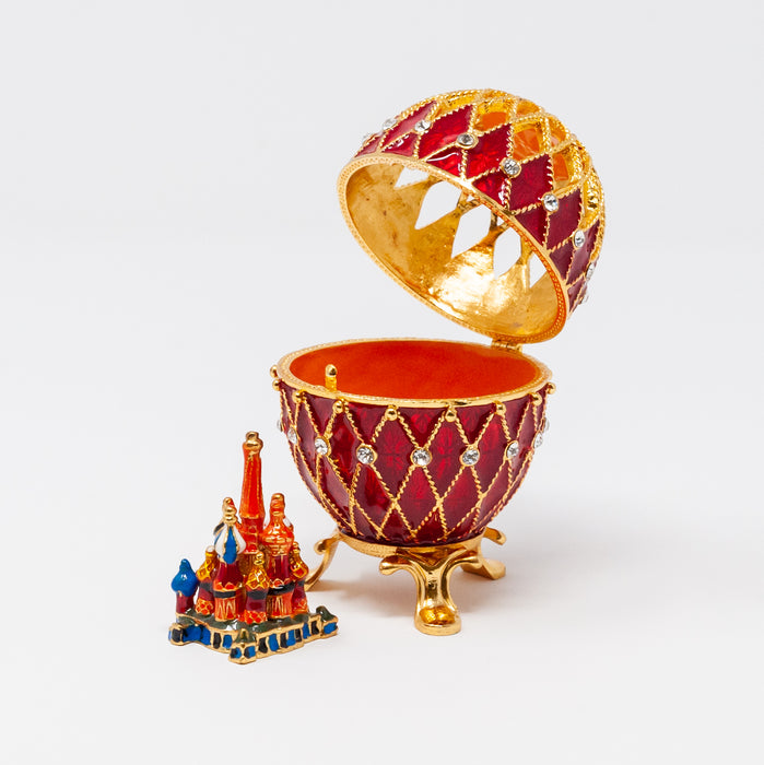 Red Netting Imperial Faberge Egg Replica with miniature Cathedral