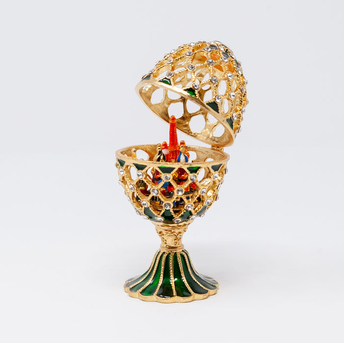 Green Netting Imperial Faberge Egg Replica with miniature Cathedral