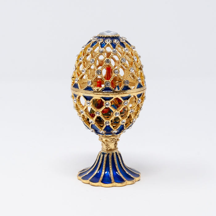 Blue Netting Imperial Faberge Egg Replica with miniature Cathedral