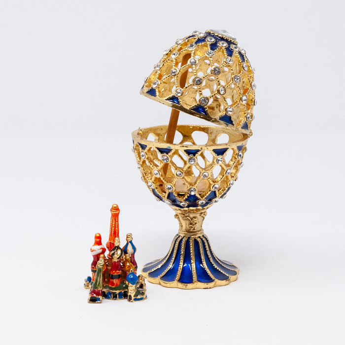 Blue Netting Imperial Faberge Egg Replica with miniature Cathedral