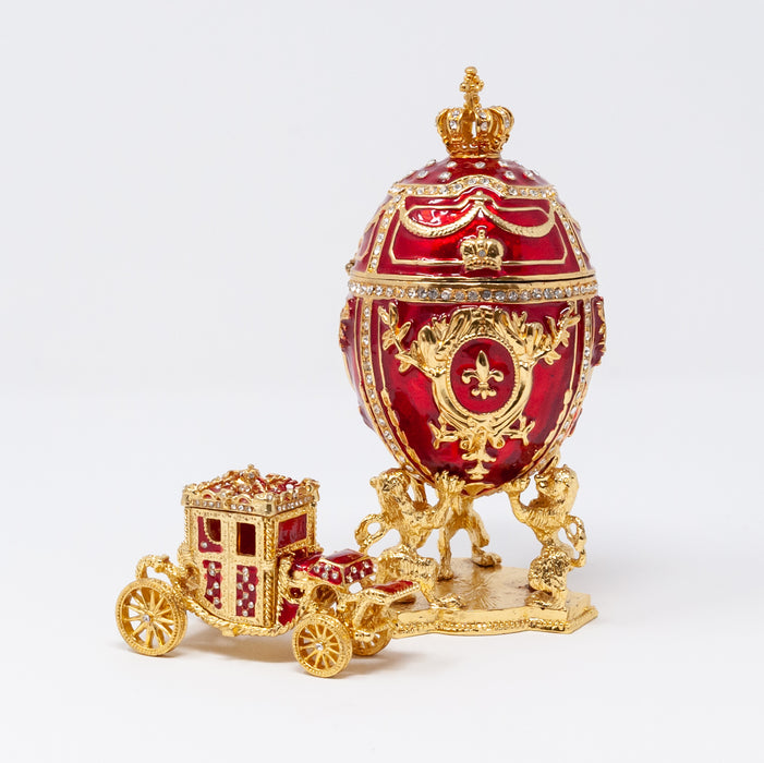 Medium Red Imperial Coronation Faberge Egg Replica with Carriage