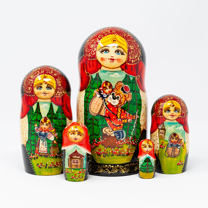 Artisanal Doll Set with Masha and Bear Scenery – Set of 5