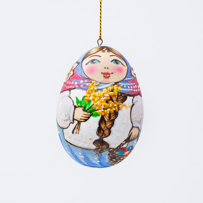 Wood-burned Hand-painted Russian Beauty with Easter Basket Wooden Egg