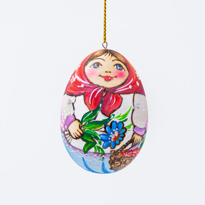 Wood-burned Hand-painted Russian Beauty with Blue Flower Wooden Egg